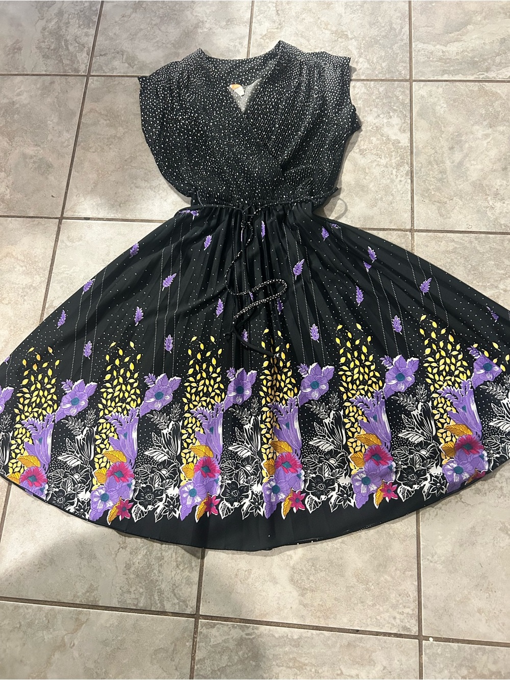 70’s Rare Polyester Dress Watercolor Print Black Base With Floral Print Sm/Med